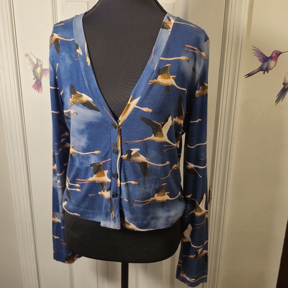 Isabel de Pedro Sweaters - Isabel de Pedro Blue & Black Flamingo Flock Print Cardigan Y2K Maximalist Knit